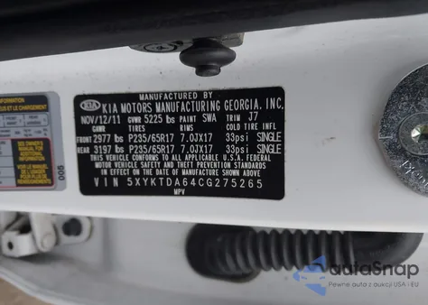 2012 Kia Sorento Lx z USA, uszkodzony, nr VIN 5XYKTDA64CG275265